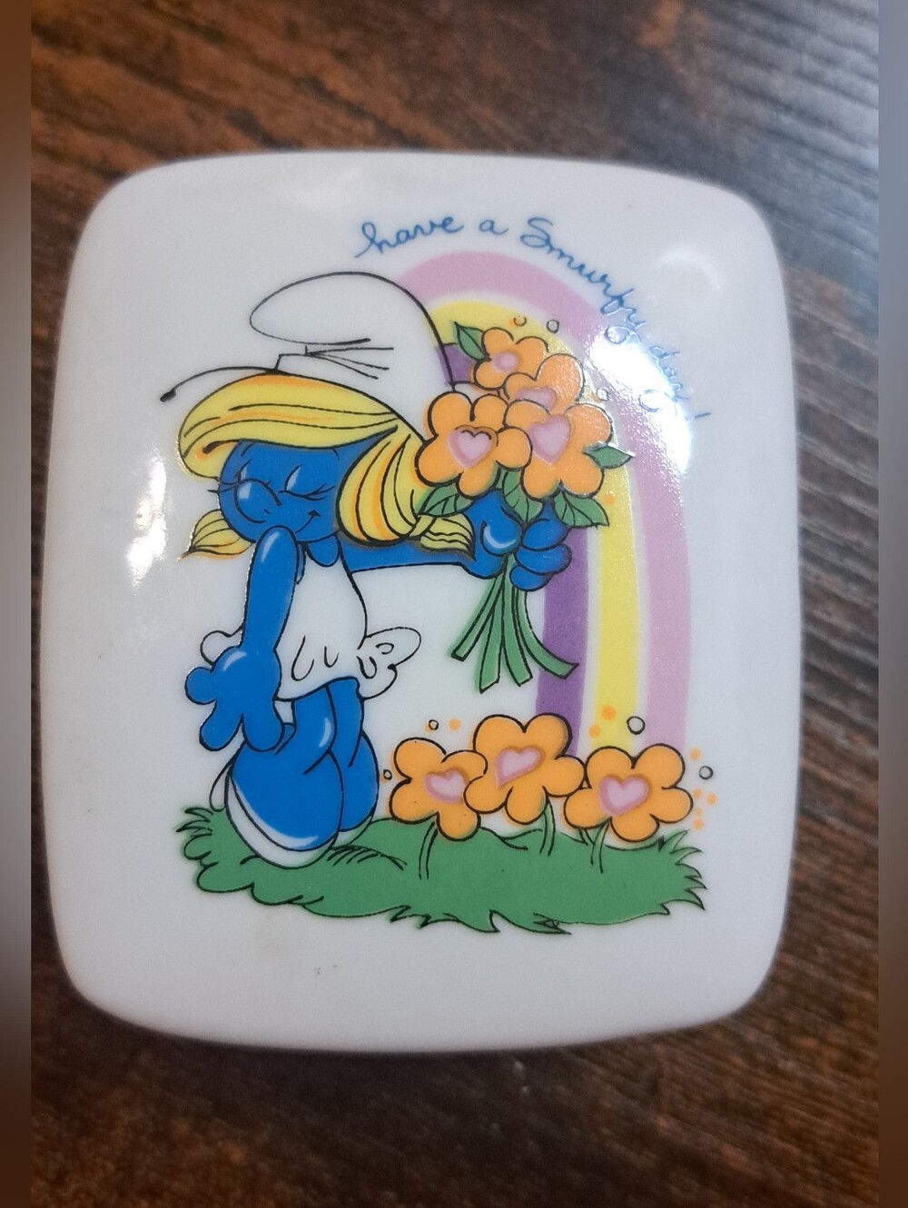 Vintage Smurf Smurfette Ceramic Porcelain Trinket Box Wallace Berrie Sweet Gift